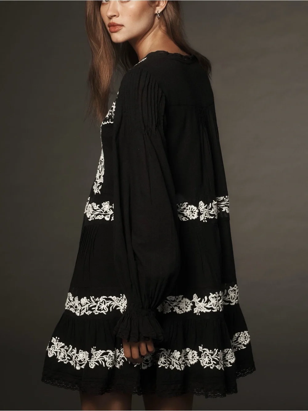 Anthropologie ‘Long-Sleeve Embroidered Pintuck Swing Mini Dress’ in Black Sz 1X